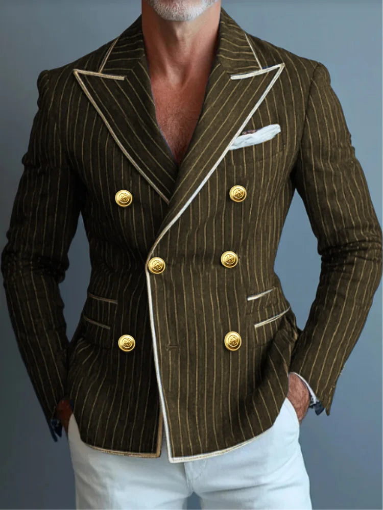 Business Fashion Suit Jacket Striped Suit Jacket with Double Row Metal Buckles Blue Blazer Striped Jacket Man Top Man Coat