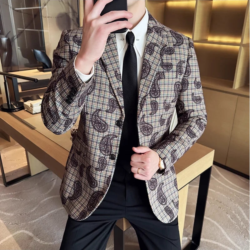 2025 Fashion Embroidery Jacquard Suit Jacket Korean Style Slim Fit Business Formal Social Prom Party Tuxedos Men Clothing 5XL-M