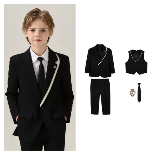 Kids 5Pieces Formal Wedding Suit Set With Jacket Vest Pants Bowtie Brooch Boys Birthday Piano Host Speech Performance Costume