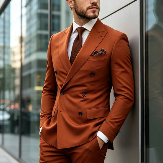 Handsome 2PCS  Brown Wedding Suit for Men Double Breasted Blazer Formal Groom Business Suits Set Classic Jacket Pants for Party