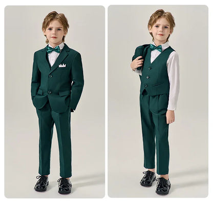 Boys Dark Green Jakcet Vest Pants Bowtie Evening Party Dress Children Wedding Photograph Suit Kids Ceremony Performance Costume