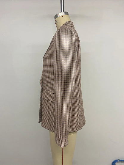 Spring Autumn 2026 Vintage Houndstooth Blazer Women Notched Loose Jacket Coat Women Clothing Female Casual 63997