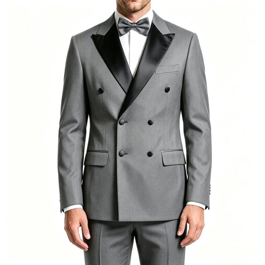 Men Suit Gray 2 Pieces Black Bright Lapel Double Breasted For Wedding Birthday Banquet Party Business Work Office Jacket Pants