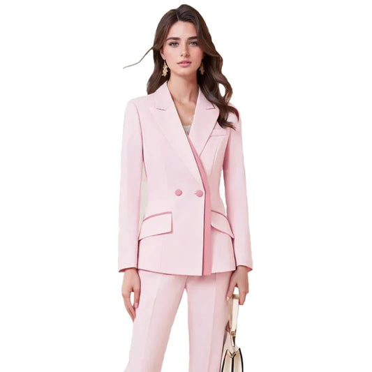 Elegant Ladies Formal Double Breasted Blazer Suit Pants Sets for Women 2 Pieces Trousers Matching Set Jacket Coat Outfit Autumn