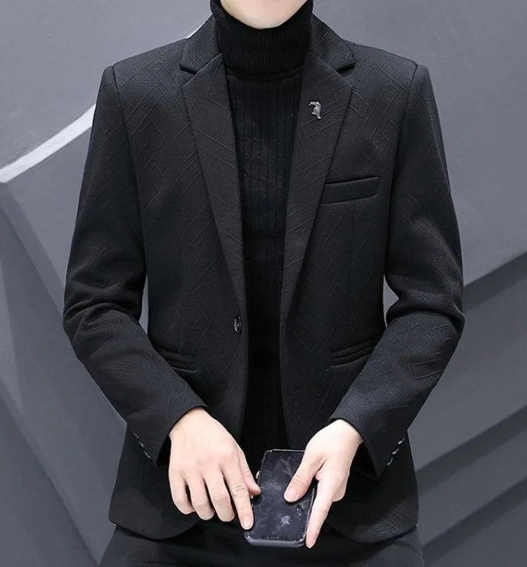 Men's Autumn Winter Fleece-Lined Slim Fit Casual Blazer Korean Style Solid Color Thick Warm Youth Fashion Suit Jacket