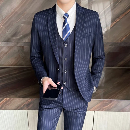 2024 Slim Fit Striped Three-Piece Business Suit Vest Trousers Set Korean Fashion Trend Handsome Wedding Outfit