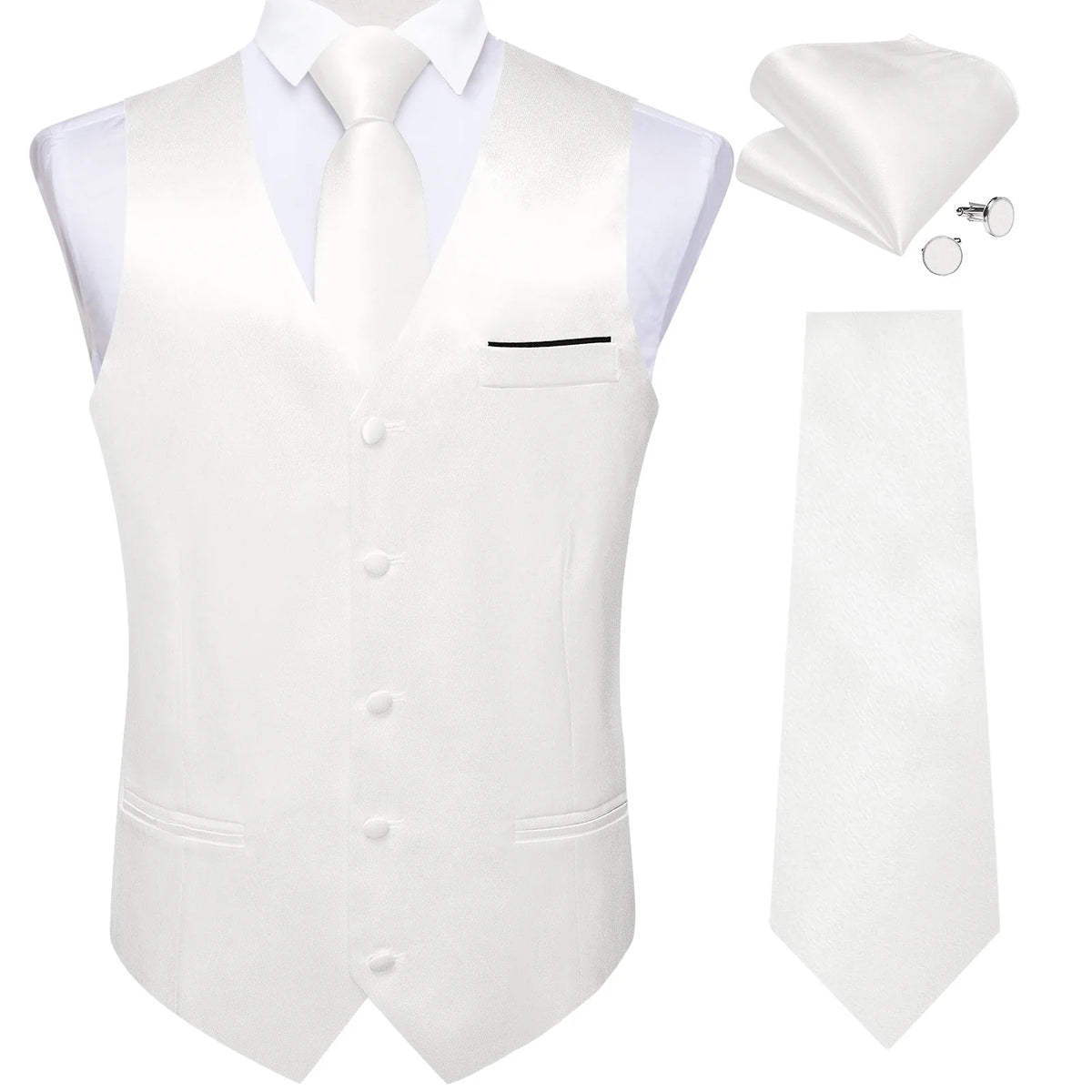 Men's Satin Suit Vest Set with Tie Handkerchief and Cufflinks for Wedding and Prom