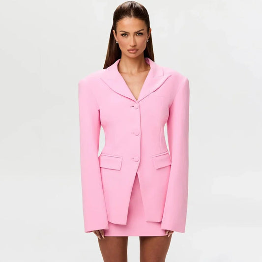 Lively Pink Women's 2Pic Suit Set Peaked Lapel Single Breasted Jacket+High Waist Shorts Elegant Formal Office Lady Daily Wear