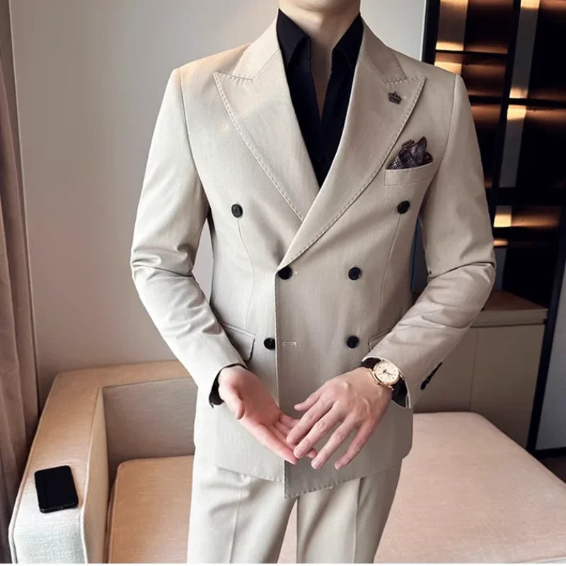 (Jacket+Pant) Fashion Double Breasted Design Men's Slim Fit Suits High Quality Italian Style Wedding Social Tuxedo Men Clothing