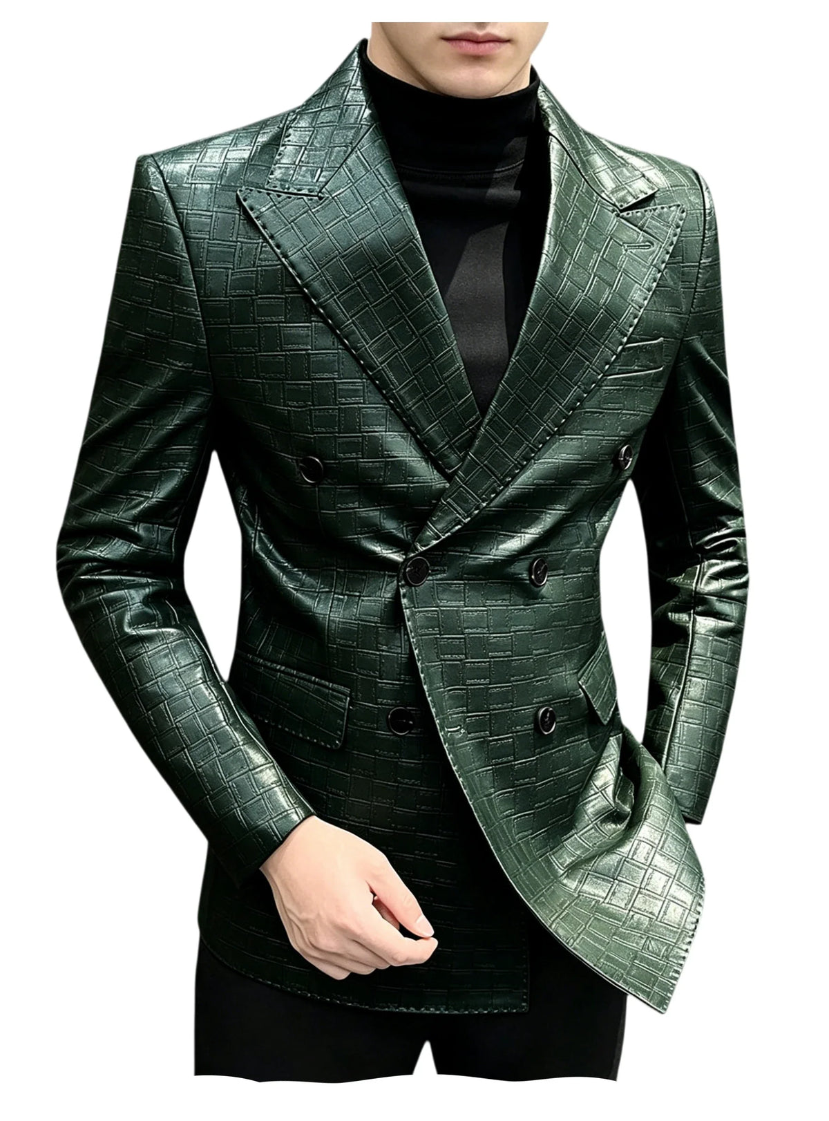 Men's Crocodile Leather Blazer Double Breasted Slim Fit Suit Jacket Formal Business Casual Sport Coat Wedding Party Streetwear
