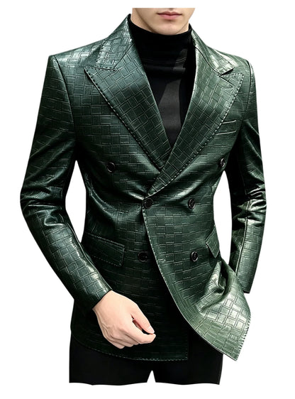 Men's Crocodile Leather Blazer Double Breasted Slim Fit Suit Jacket Formal Business Casual Sport Coat Wedding Party Streetwear