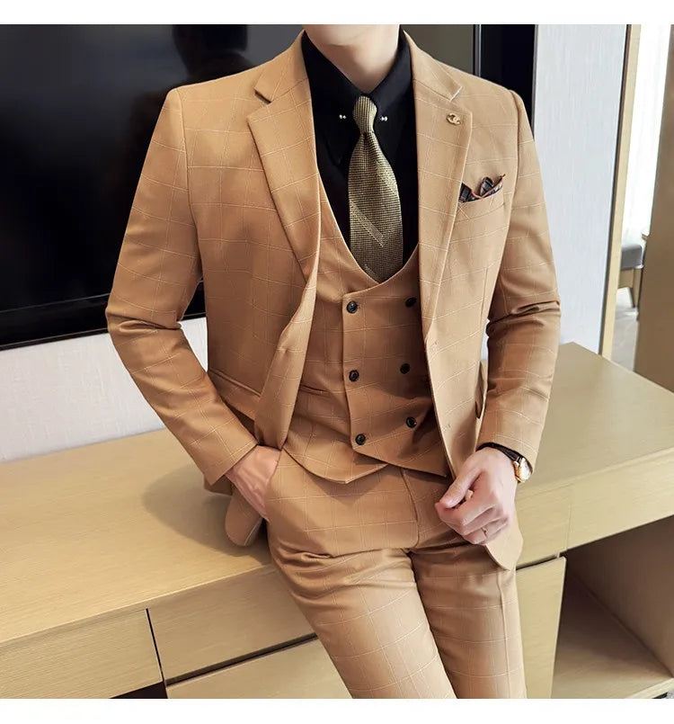 Men's 3-Piece Slim Fit Plaid Suit – Jacket, Vest & Pants for Weddings, Office & Formal Occasions