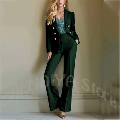 Solid Color Suit For Women High Quality Double Breasted Two Piece Notch Lapel Slim Fit Elegant Fashion Female Outfit Jacket Pant