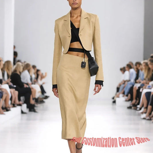 Khaki Single Breasted Women's Suit Daily Casual Notch Lapel 2 Piece Jacket Skirt Set Tailored Slim Fit Office Business Outfit