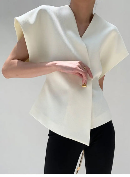 Summer French Asymmetric Blazer Vest Coat Women Drop Shoulder Sleeve Waistcoat One Button Waist Slim Fashion White Top