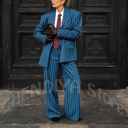Burgundy Striped Casual Women Suit Two Pieces Jacket Pants Loose Fit Peak Lapel Blazer Set Evening Party Prom Lady Outfit