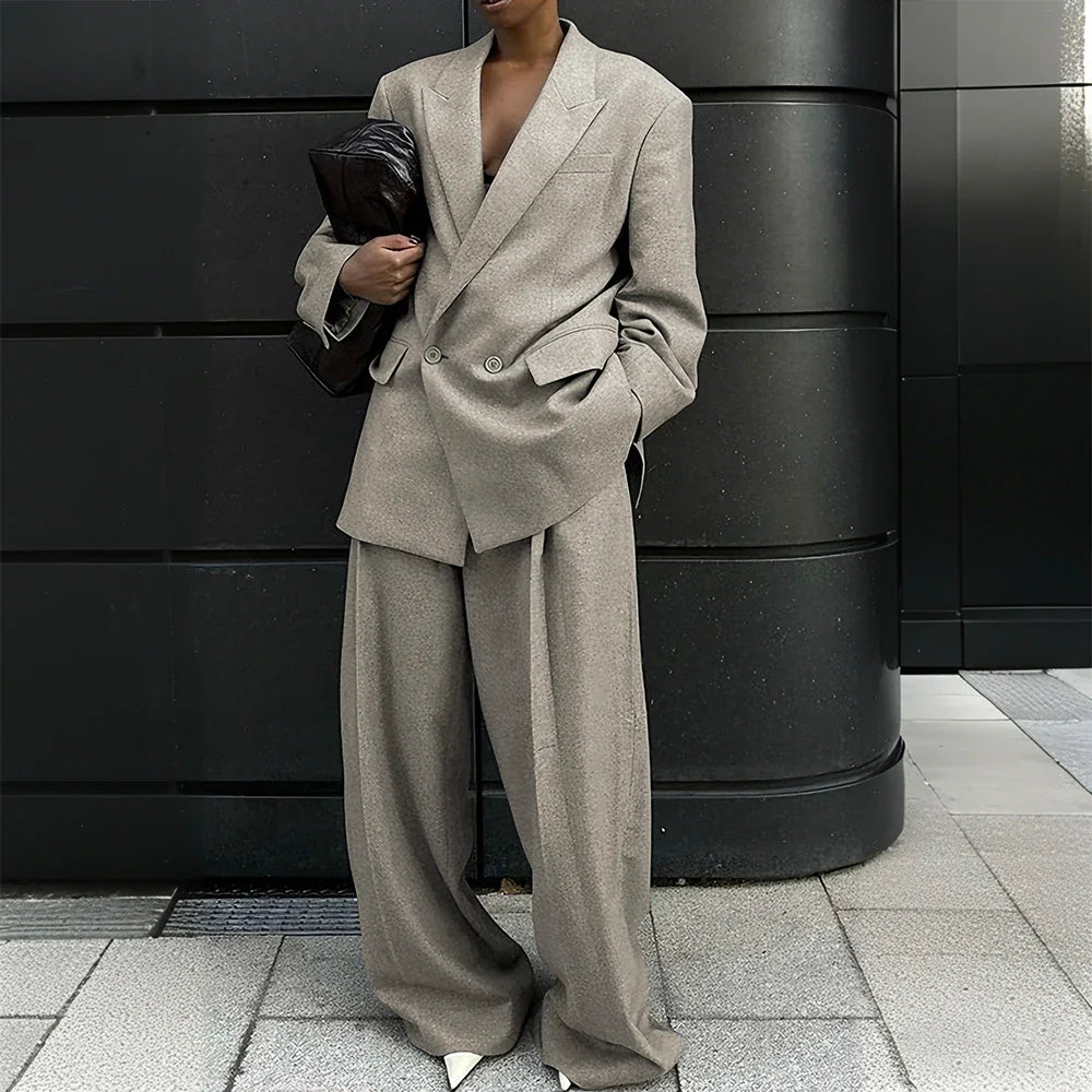 Gray Woolen Office Lady Suit Stretch-comfort Double-breasted Peak-lapel 2Pieces(Jacket+Pants) Casual Oversize Business Women Set