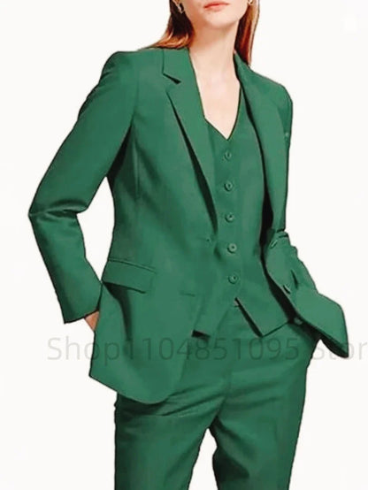 Office Ladies Pantsuits Solid Women Business Classic Single Breasted Flared Pants Blazer Vest Pants Three Piece Set Formal Suit