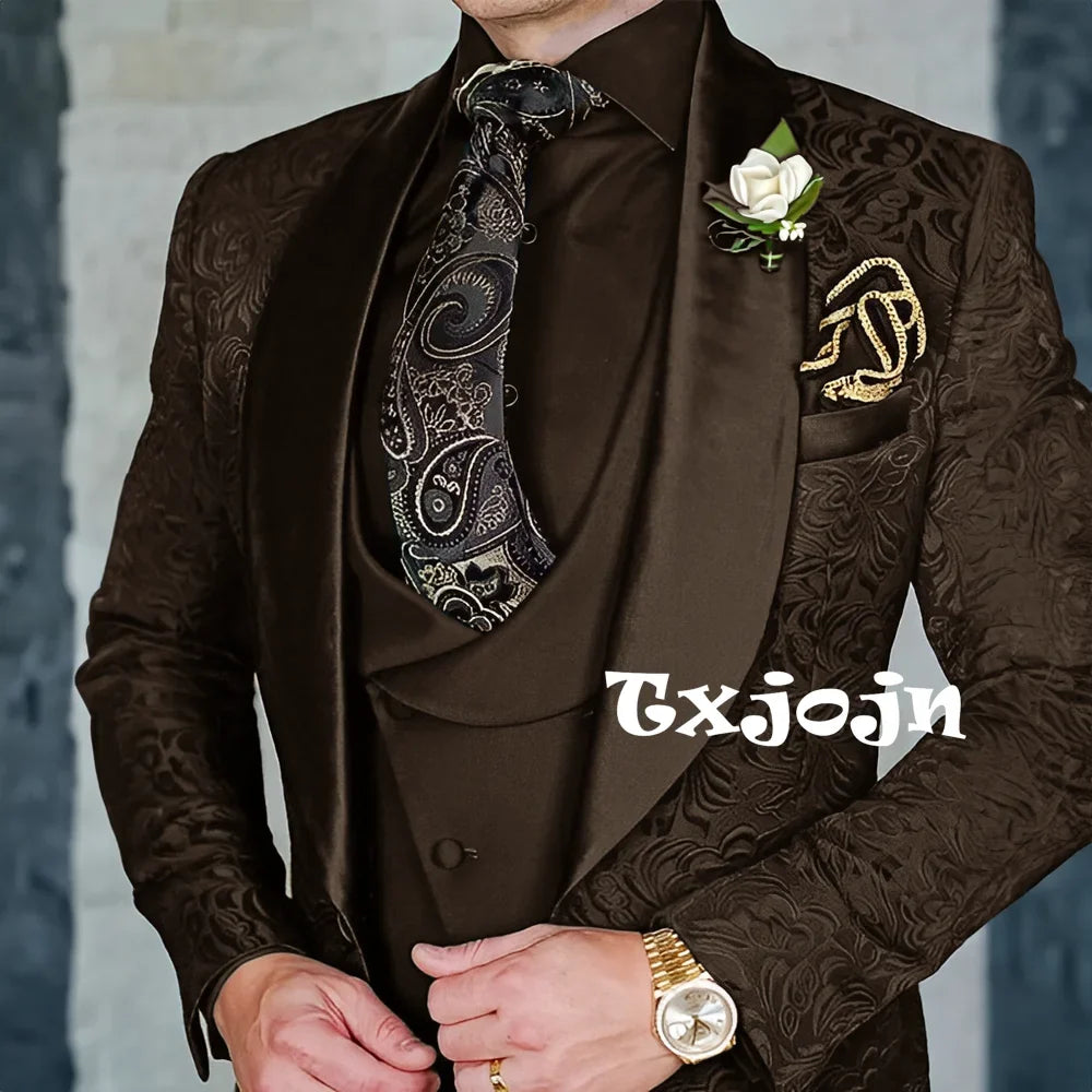 Exquisite jacquard Men's 3-piece Suits Wedding Groom Sets Handsome Shawl Lapel Suit Set Dancing Wear Formal Tuxedo For Business
