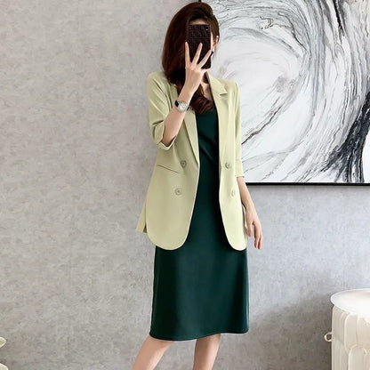Elegant Double-breasted Women's Blazer Summer Autumn Half Sleeve Office Coat Fashionable Casual Loose Fit Businesswear