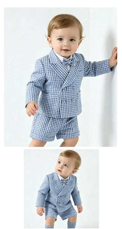 Toddler Baby Boy Checked Formal Suit Set 3 Pcs  Blazer Suspender Short Infant Gentleman Clothes For Wedding Birthday Photography