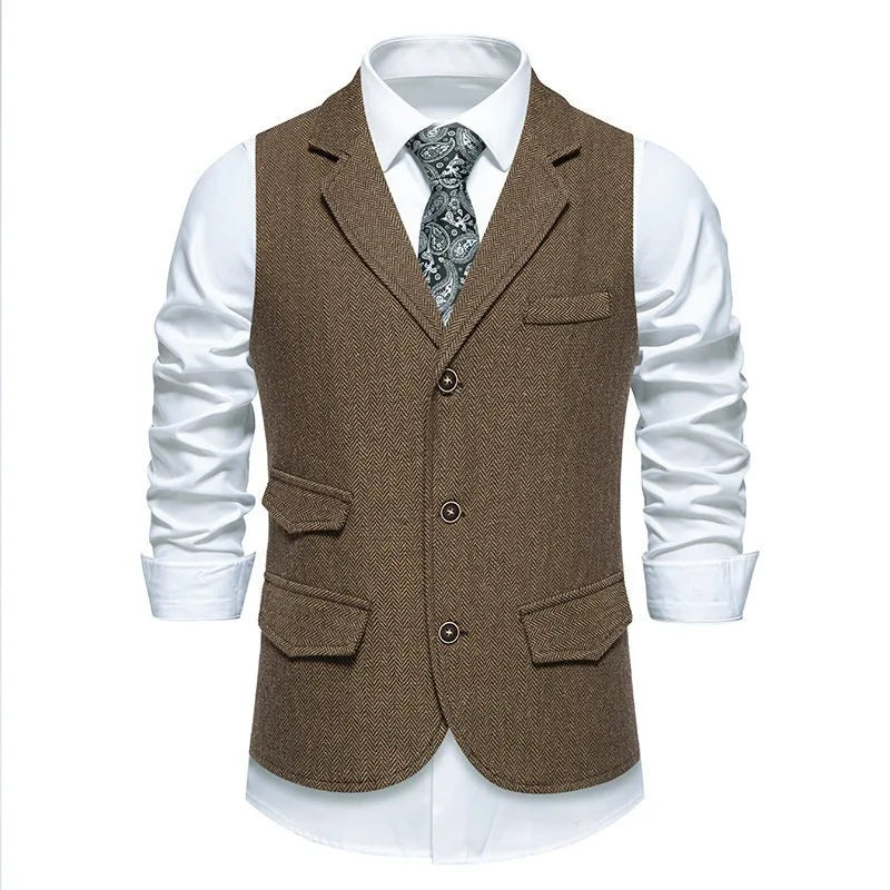 Men's Waistcoat Herringbone Tweed Slim Fit Wool Blend Formal Vest for Wedding