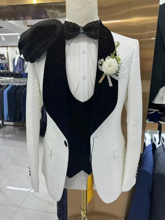 New Luxurious Beaded Tuxedo 3 Pieces Blazer Vest Pants For Men Party Prom Wear Handsome Shawl Lapel Men's Suits Customized 2026