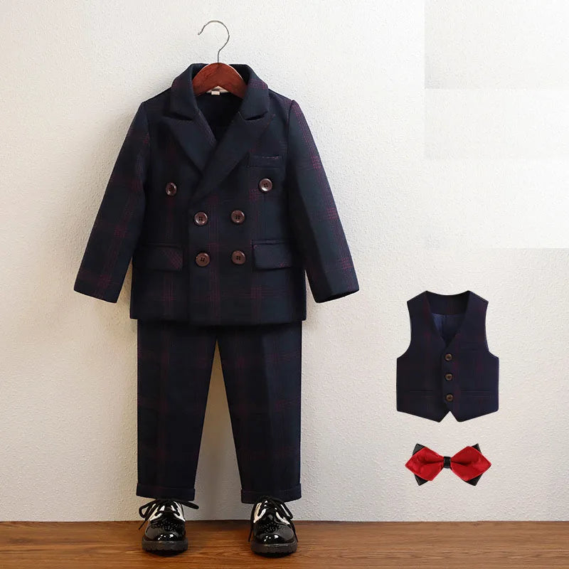 Boys Plaid Double Breasted Tuxedo Set – 4-Piece Formal Suit for Weddings & Special Occasions