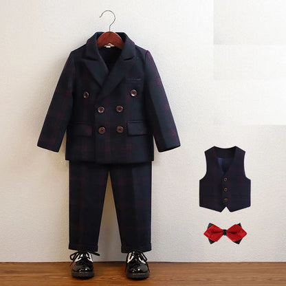 Boys Plaid Double Breasted Tuxedo Set – 4-Piece Formal Suit for Weddings & Special Occasions