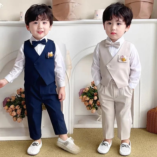 Boys Formal Suit Set with Vest, Pants, Bowtie, Brooch & Belt — Kids Wedding & Occasion Wear
