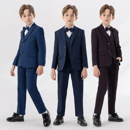 Children Navy Blue Spring 4Piece/Set Jacket Vest Pants Bowtie Piano Dress Kids Ceremony Photograph Suit Boys Performance Costume