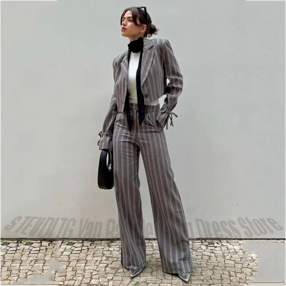 Unique Striped Women Suits Notch Lapel Cropped Blazer Pants Straight Fit Office Business Streetwear Party Fashion Clothes Set