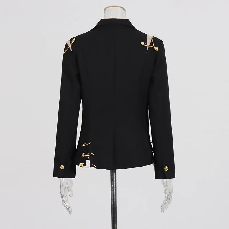 Autumn New Women Chic Blazer Asymmetrical Pin Design Single Button Slim Fit Elegant Fashion Office Lady Stylish Coat HK9876