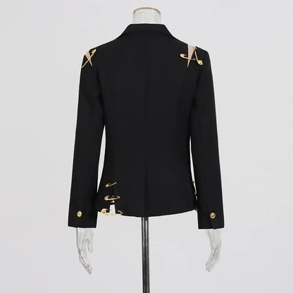 Autumn New Women Chic Blazer Asymmetrical Pin Design Single Button Slim Fit Elegant Fashion Office Lady Stylish Coat HK9876