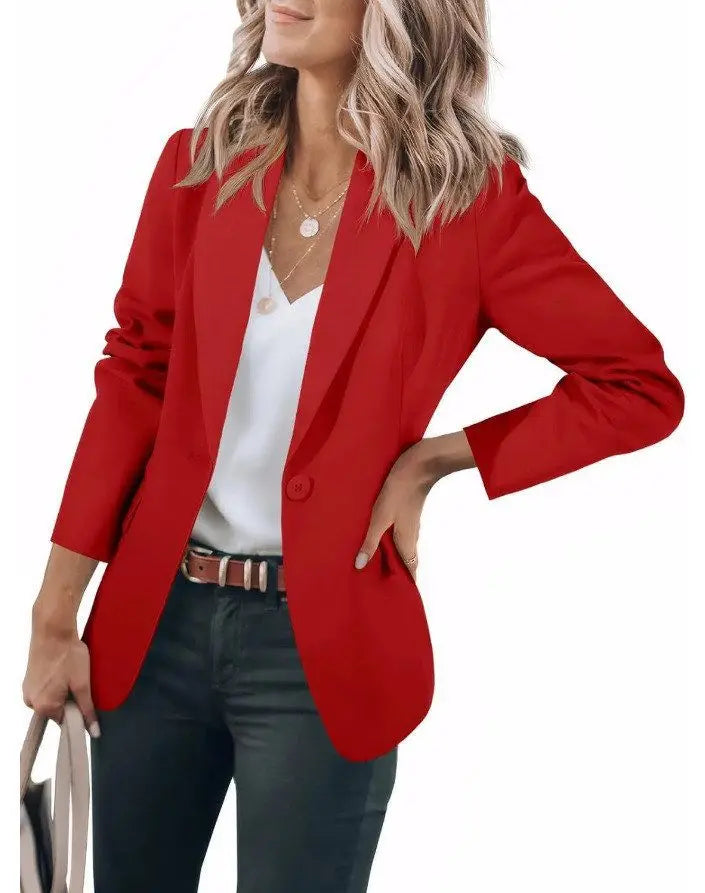 Fall 2024 Women's Casual Long Sleeve Button-Up Collar Pocket Single-Breasted Office West Suit Polyester Blend Fashion Style