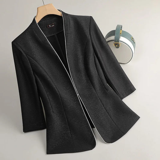 Women's Pink Apricot Black Casual Blazer Half Sleeve Single Button Slim Fit Jacket for Spring Summer Fashion Formal Coat