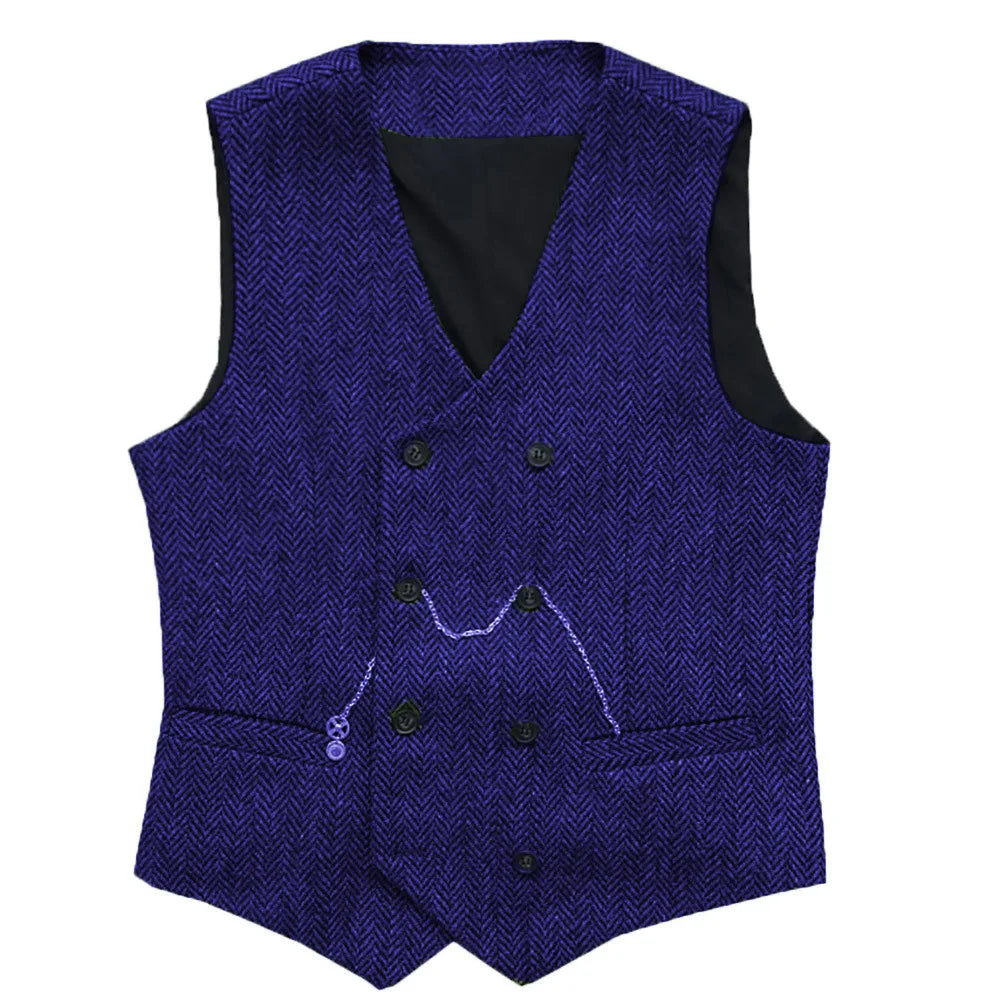 Men's Herringbone Suit Vest Double Breasted Waistcoat for Weddings and Business