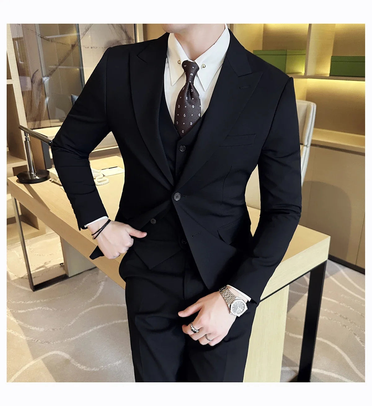(Jacket + Vest + Pant) Men's Formal Slim Fit Business Work Wedding Stage Tuxedo Fashion Best Men Social Dress Suit 3 Pieces Set
