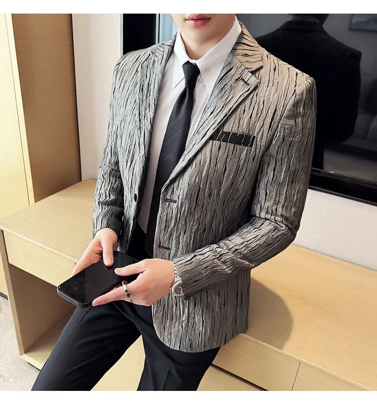 Korean Trend 3D Pleated Suit Jacket for Men Wedding Groom Business Dress Jacket Casual Banquet Party Host Blazer Masculino