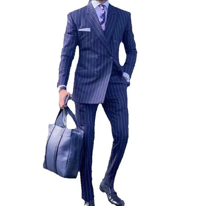 Navy Blue Striped Men Suits Slim Fit Peak Lapel Double Breasted Balzer Pants Office Wedding Groom Tuxedos 2 Piece Business Set