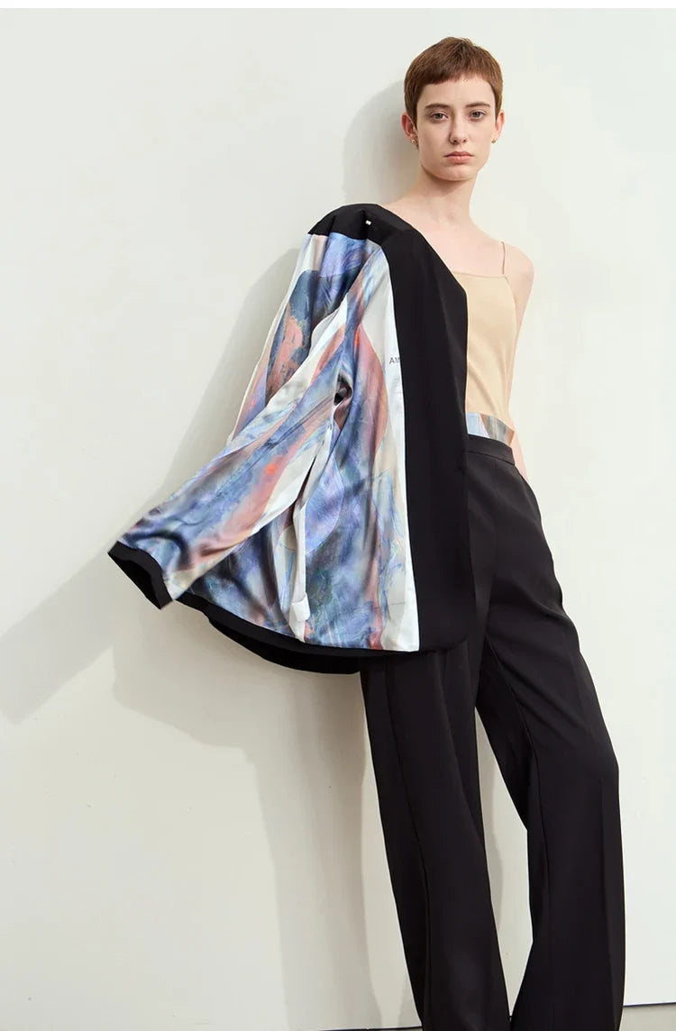 Minimalism Women Tailored Coat 2024 Autumn New Office Lady Lapel Collar Print Patchwork Mid-length Loose Blazer 12443016