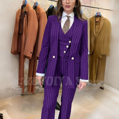Navy Blue Striped Suit For Women Stylish Single Button Peak Lapel Elegant Outfit Business Meeting Office Formal Set Three Pieces