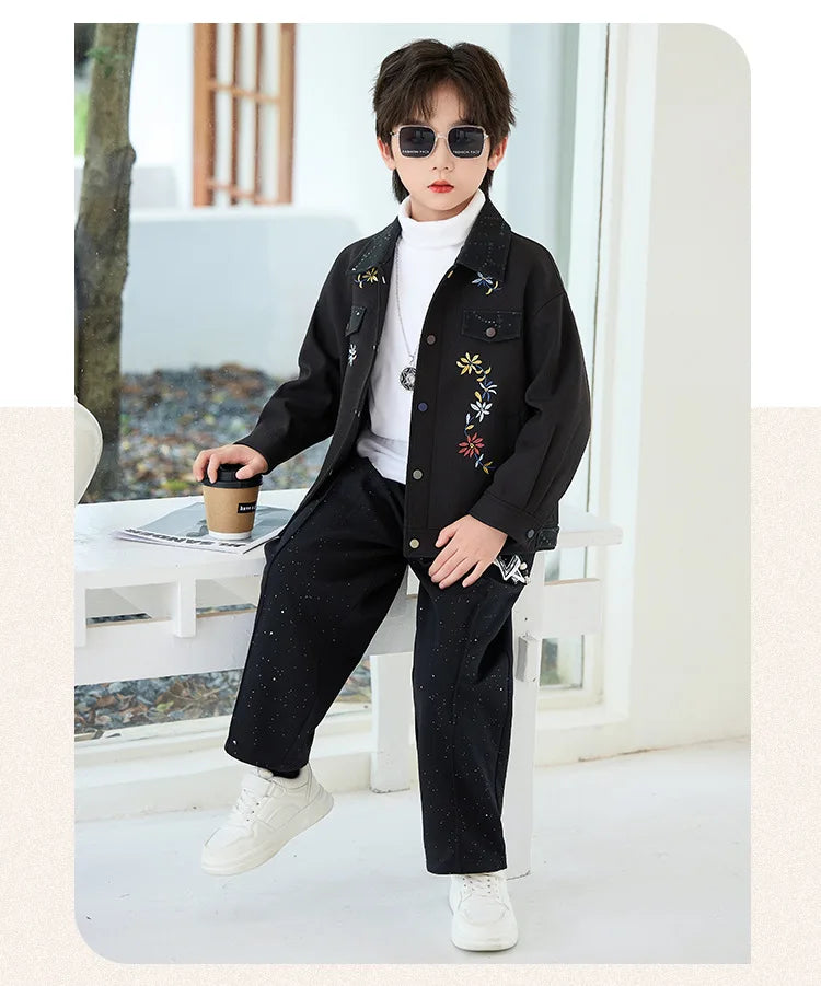 2026 New Autumn Winter Boys' Embroidered Suit Set 90-170 Children's Casual Jackets Pants 2Pieces Clothing Set