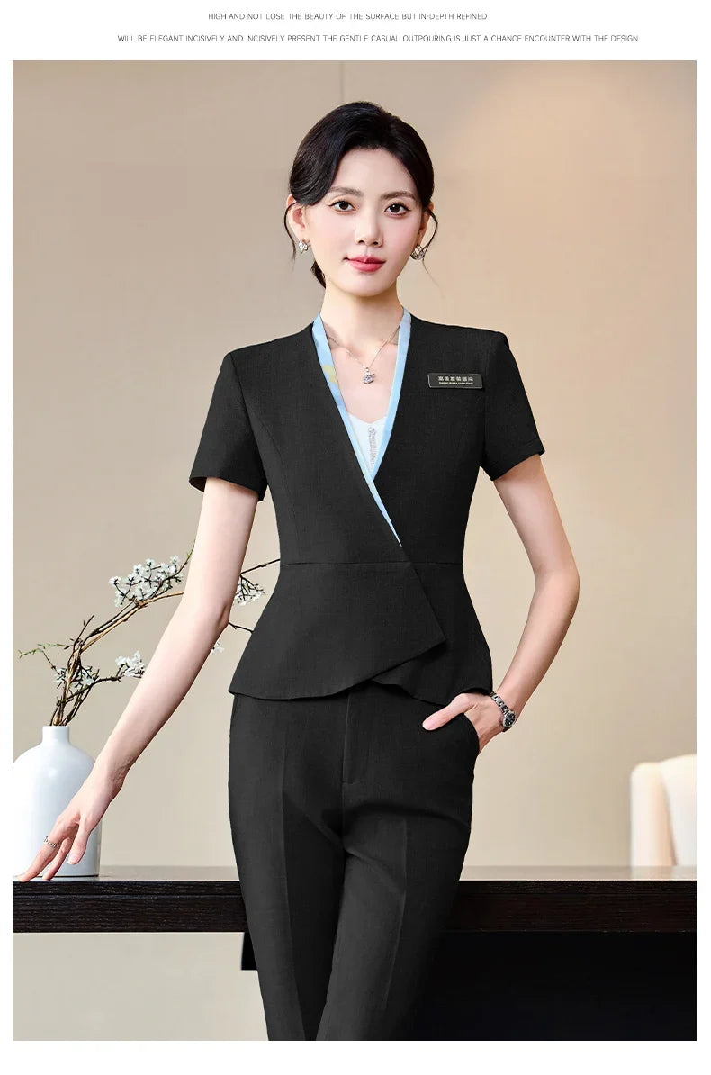 Fashionable professional women's clothing, high-quality short-sleeved suit jacket + pants set, slim and comfortable