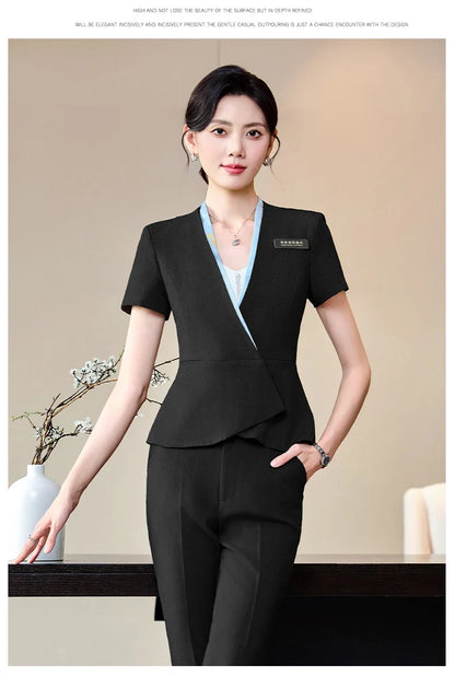 Fashionable professional women's clothing, high-quality short-sleeved suit jacket + pants set, slim and comfortable