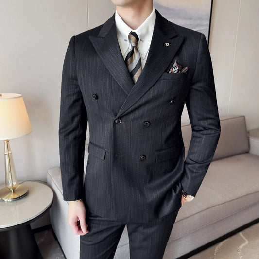 Men's 3-Piece Suit Slim Fit Double Breasted Striped for Weddings, Parties & Office