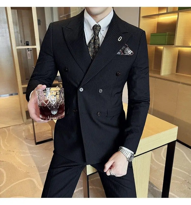 Korean Slim Fitt Wedding Suit Fashion Striped Double Breasted Suit 3 Piece Set Business Formal Casual Party Prom Host Suits