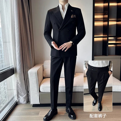 (Blazer + Trousers) Fashion Double Breasted Design Slim Men's Suit Italian Style Luxury Wedding Social Party Tuxedo 2 Piece Set
