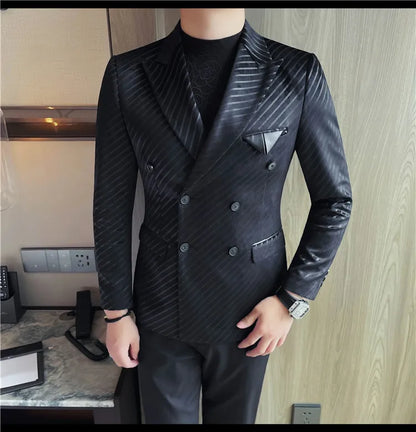 British Style Double Breasted Suit Jacket Men Striped Casual Business Blazers High Quality Wedding Social Banquet Dress Coats