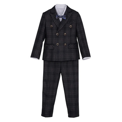 kids Gray Plaid Suit Set Flower Boys Wedding Outfit Children's 4Pieces Formal Wear With Jacket Vest Pants Bowtie